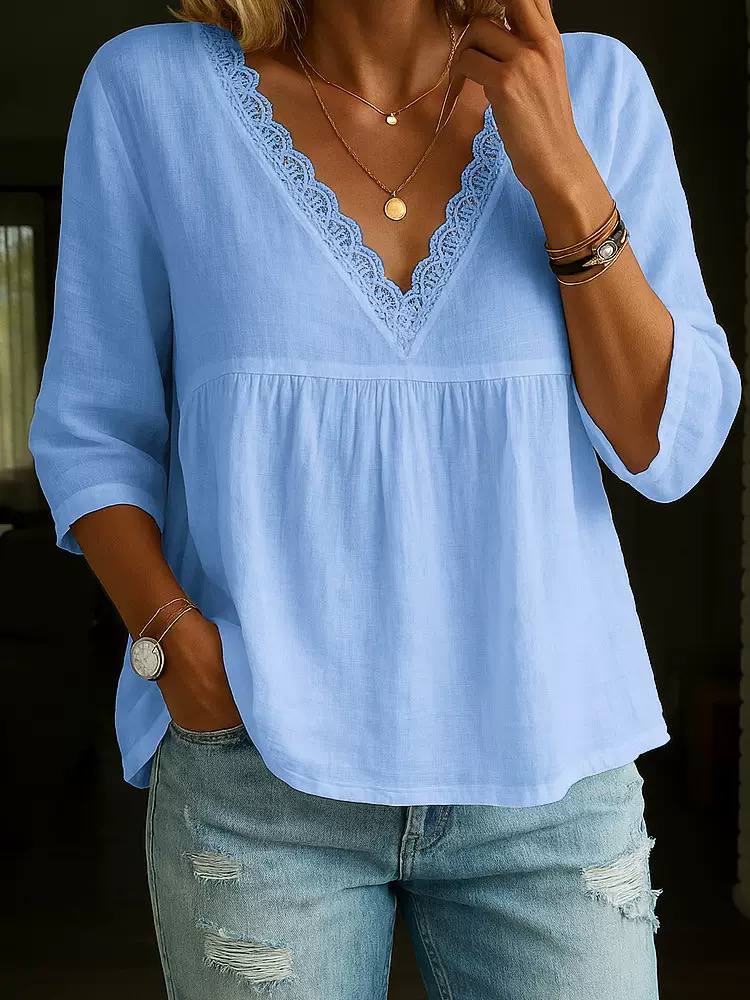 Women's Lace Trim V Neck  Blouse