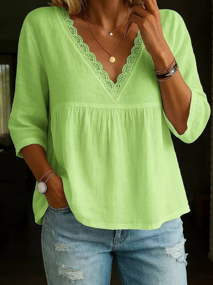 Women's Lace Trim V Neck  Blouse