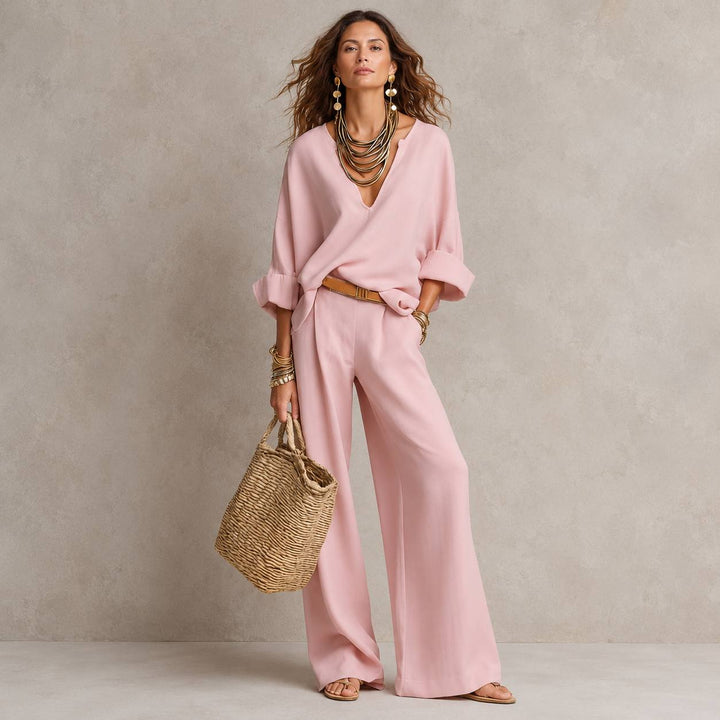 Women's Relaxed V Neck Blouse Wide Leg Pants Set