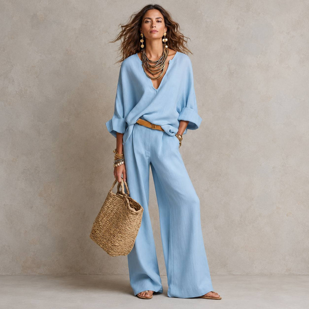Women's Relaxed V Neck Blouse Wide Leg Pants Set