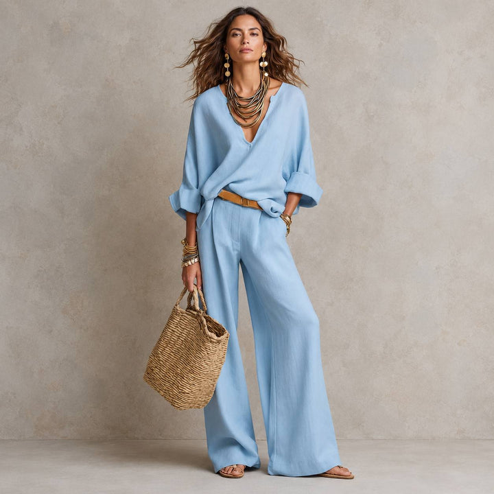 Women's Relaxed V Neck Blouse Wide Leg Pants Set