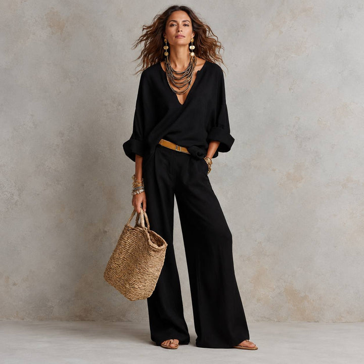 Women's Relaxed V Neck Blouse Wide Leg Pants Set