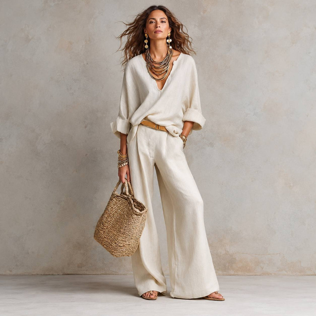 Women's Relaxed V Neck Blouse Wide Leg Pants Set