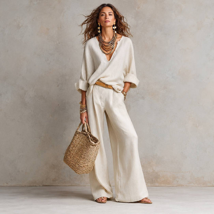 Women's Relaxed V Neck Blouse Wide Leg Pants Set