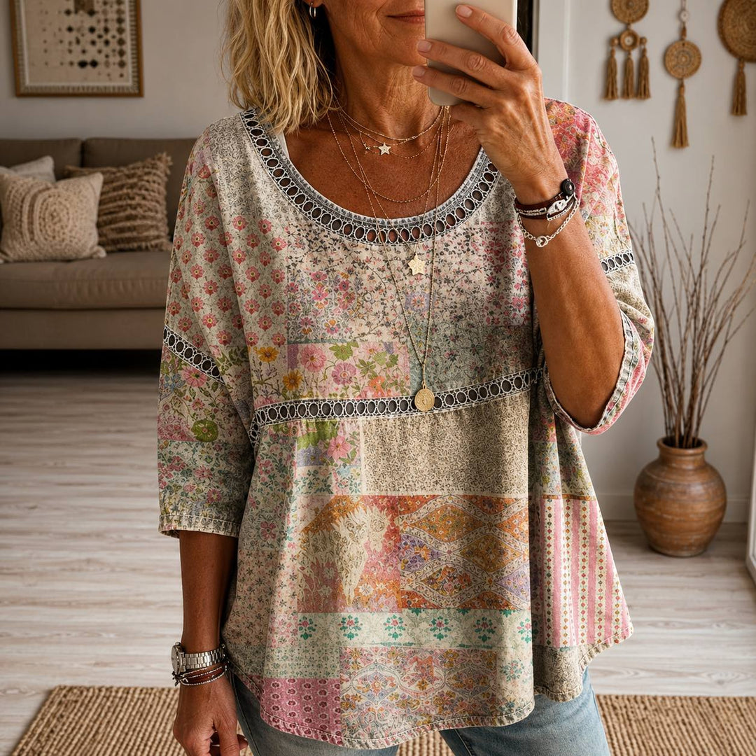 Women's Boho Patchwork Print Round Neck Blouse