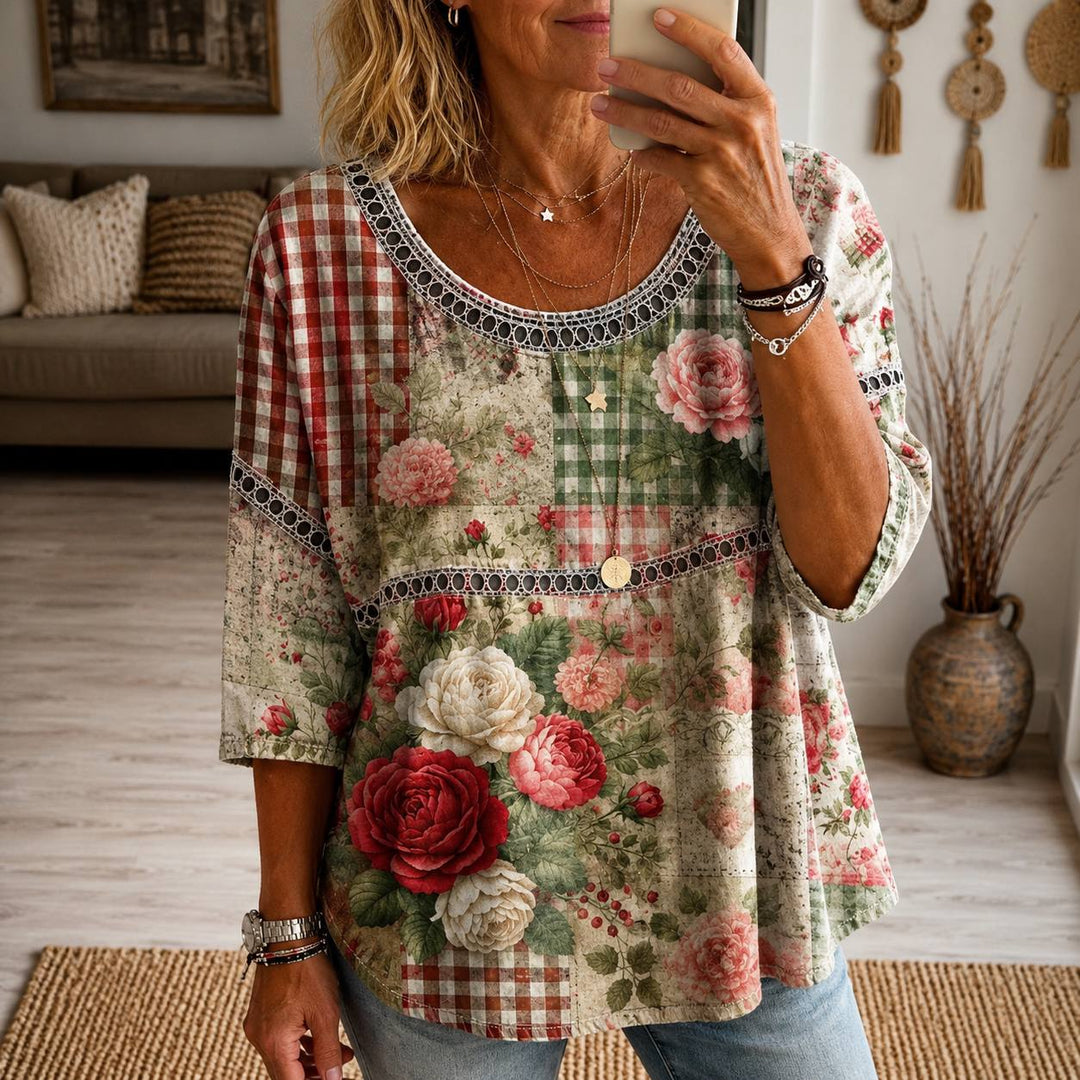 Women's Floral Patchwork Round Neck Blouse