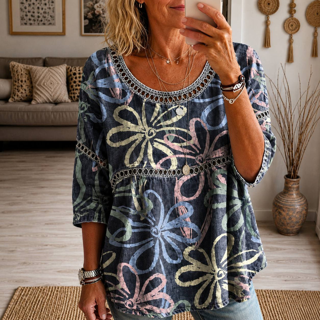Women's Abstract Floral Print Round Neck Blouse