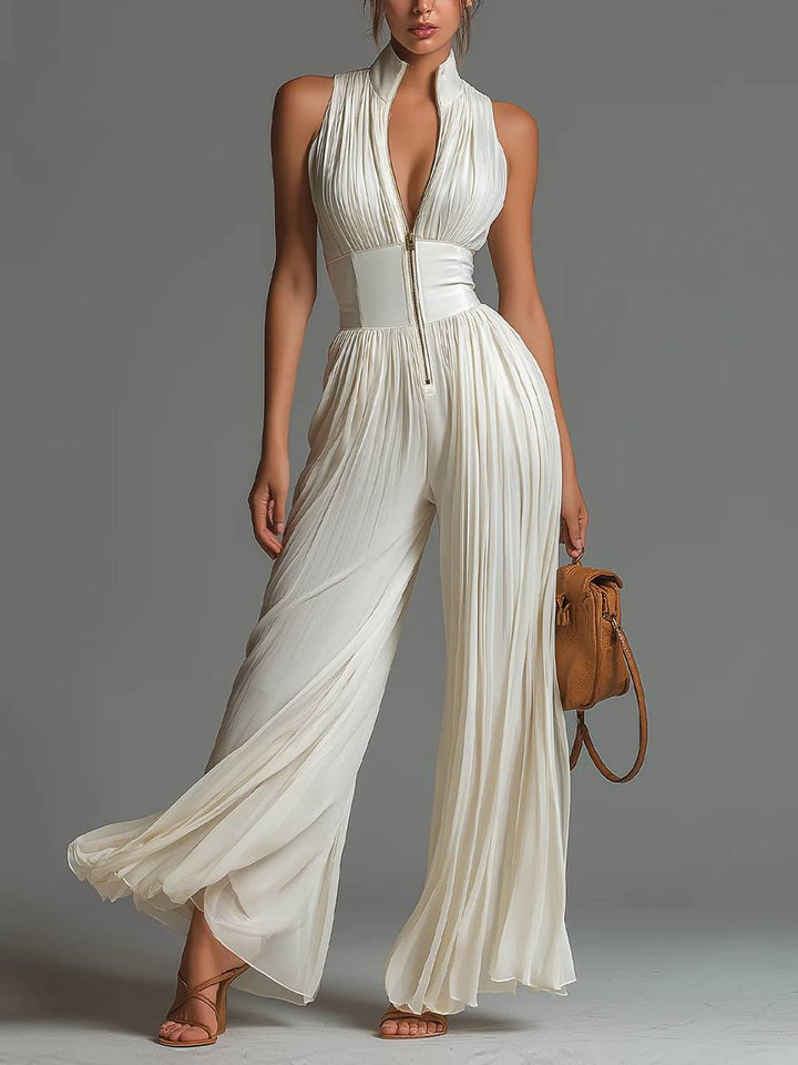 Women's Sleeveless Pleated Halter Wide Leg Jumpsuit