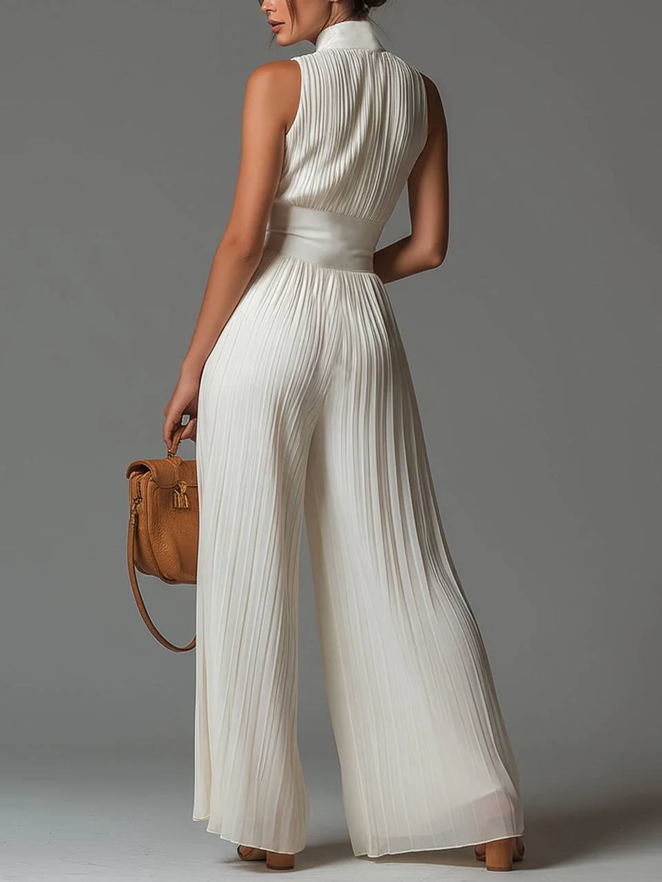Women's Sleeveless Pleated Halter Wide Leg Jumpsuit