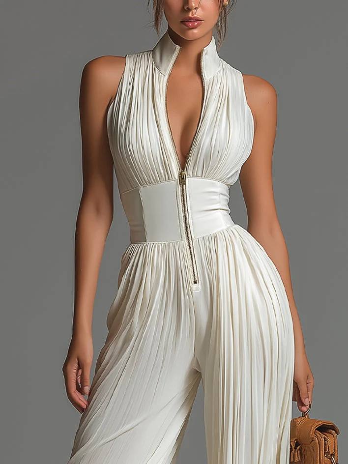 Women's Sleeveless Pleated Halter Wide Leg Jumpsuit