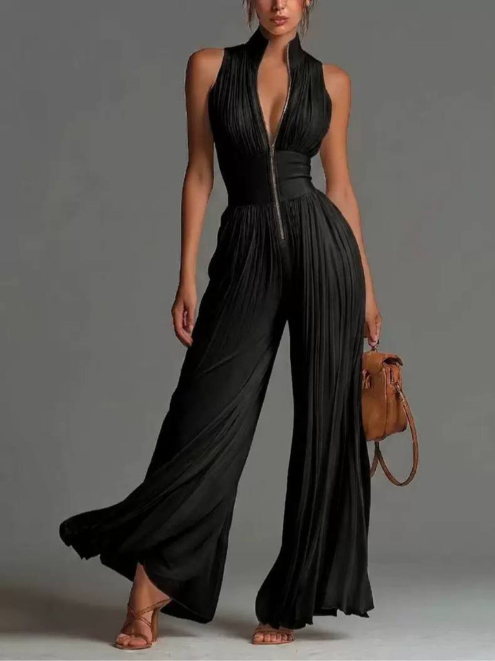 Women's Sleeveless Pleated Halter Wide Leg Jumpsuit
