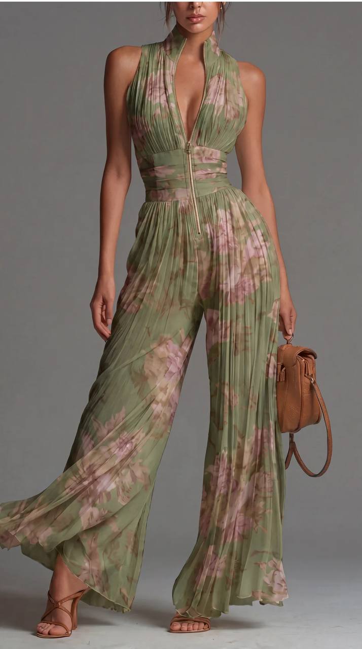 Women's Floral Pleated Halter Wide Leg Jumpsuit