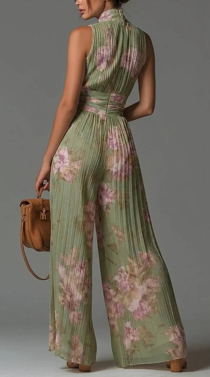 Women's Floral Pleated Halter Wide Leg Jumpsuit