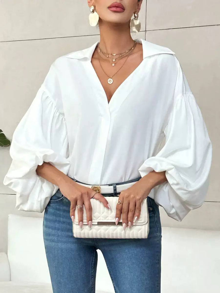 Women's Oversized V Neck Blouse Balloon Sleeve