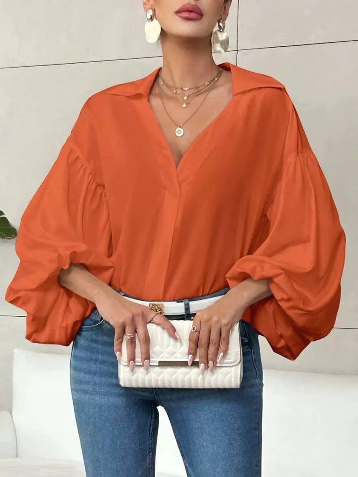 Women's Oversized V Neck Blouse Balloon Sleeve