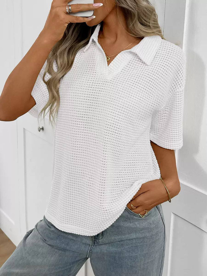 Women's Short Sleeve Striped Knit Polo Shirt