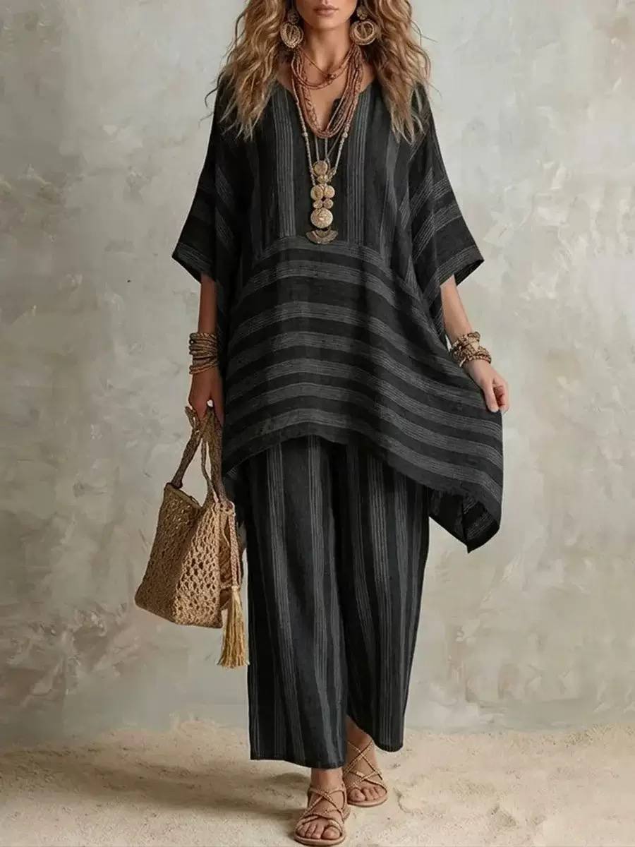 Women's Striped Oversized Tunic Top & Trousers Set