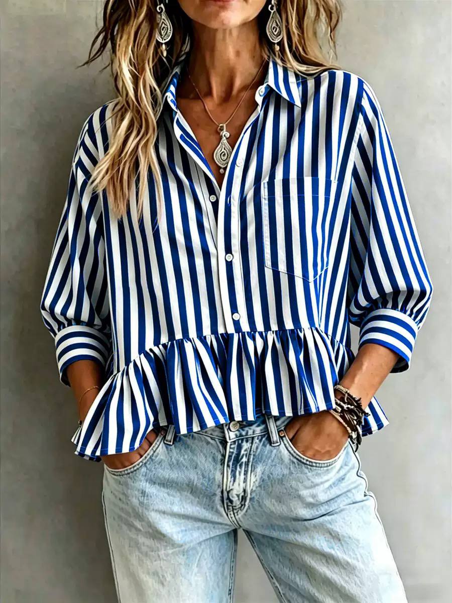 Women's Striped Ruffle Hem Peplum Blouse