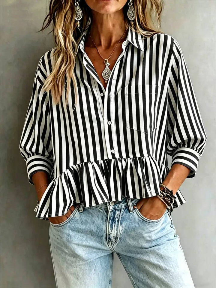 Women's Striped Ruffle Hem Peplum Blouse