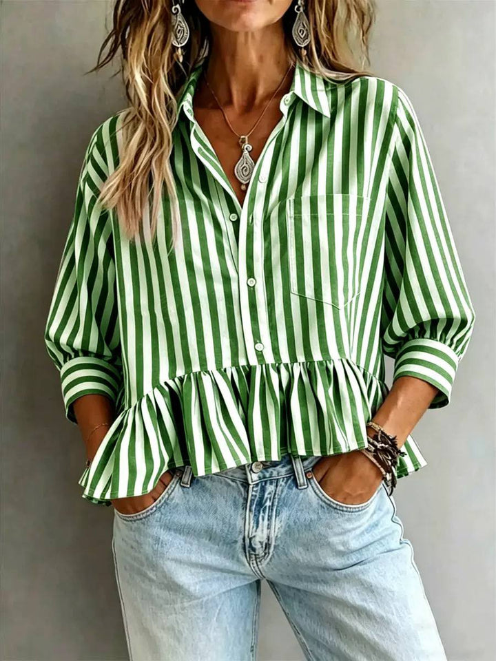 Women's Striped Ruffle Hem Peplum Blouse