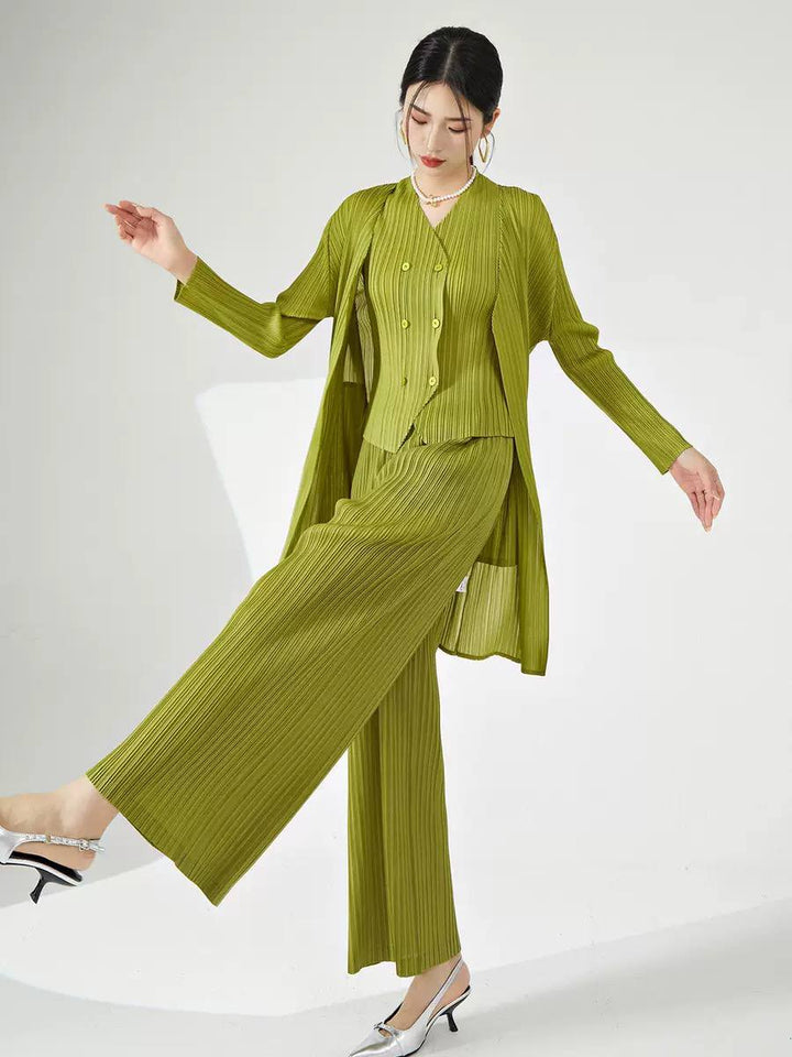 Women's Pleated Cardigan Vest Wide Leg Trousers Matching Set