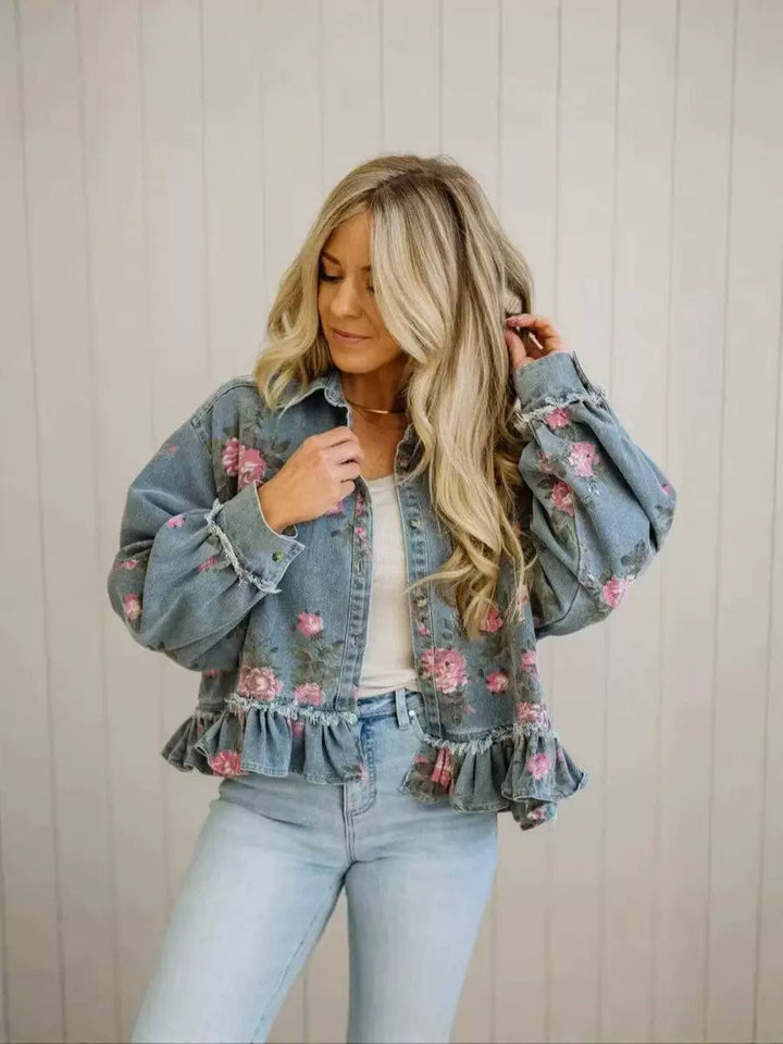 Women's Floral Ruffle Hem Denim Jacket