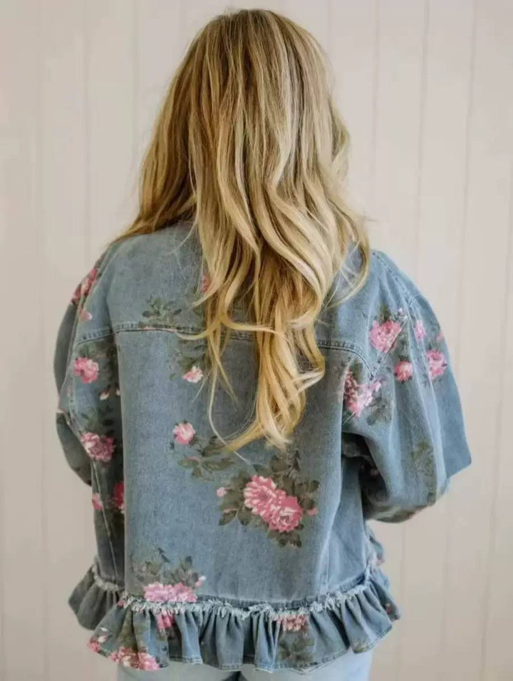 Women's Floral Ruffle Hem Denim Jacket