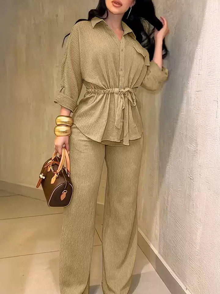 Women's Waisted Crinkle Shirt and Pants Set