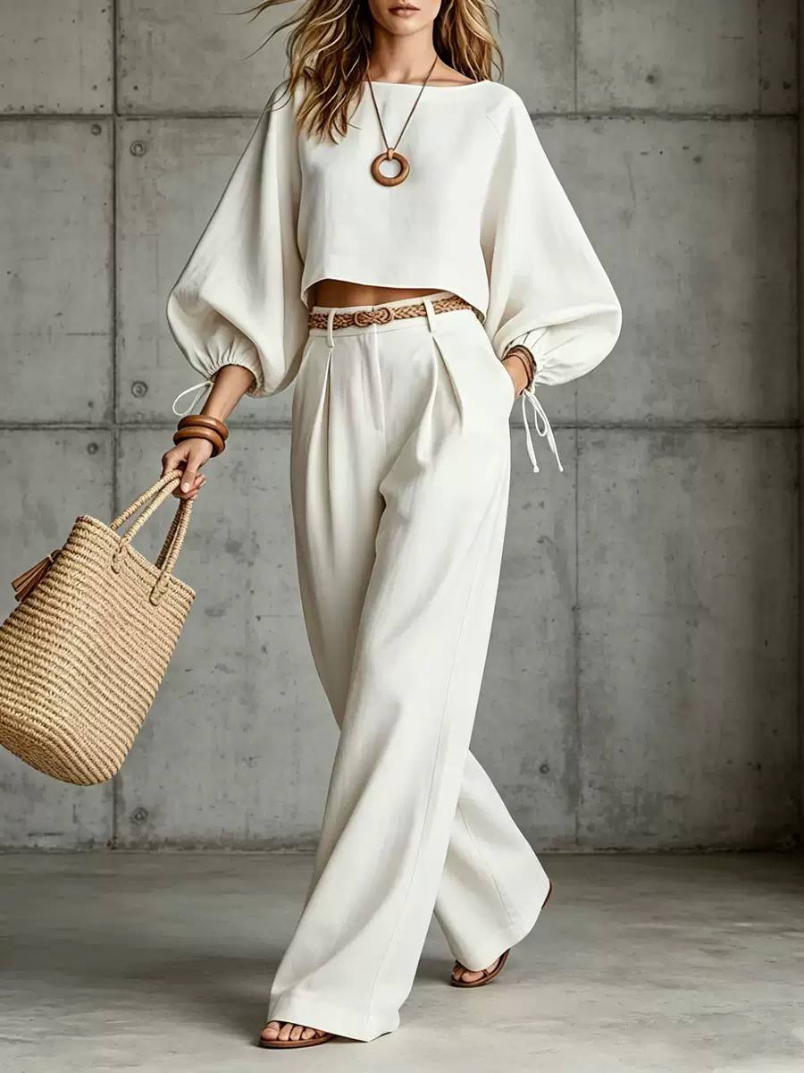 Women's Batwing Sleeve Crop Top & Wide Leg Trouser Set