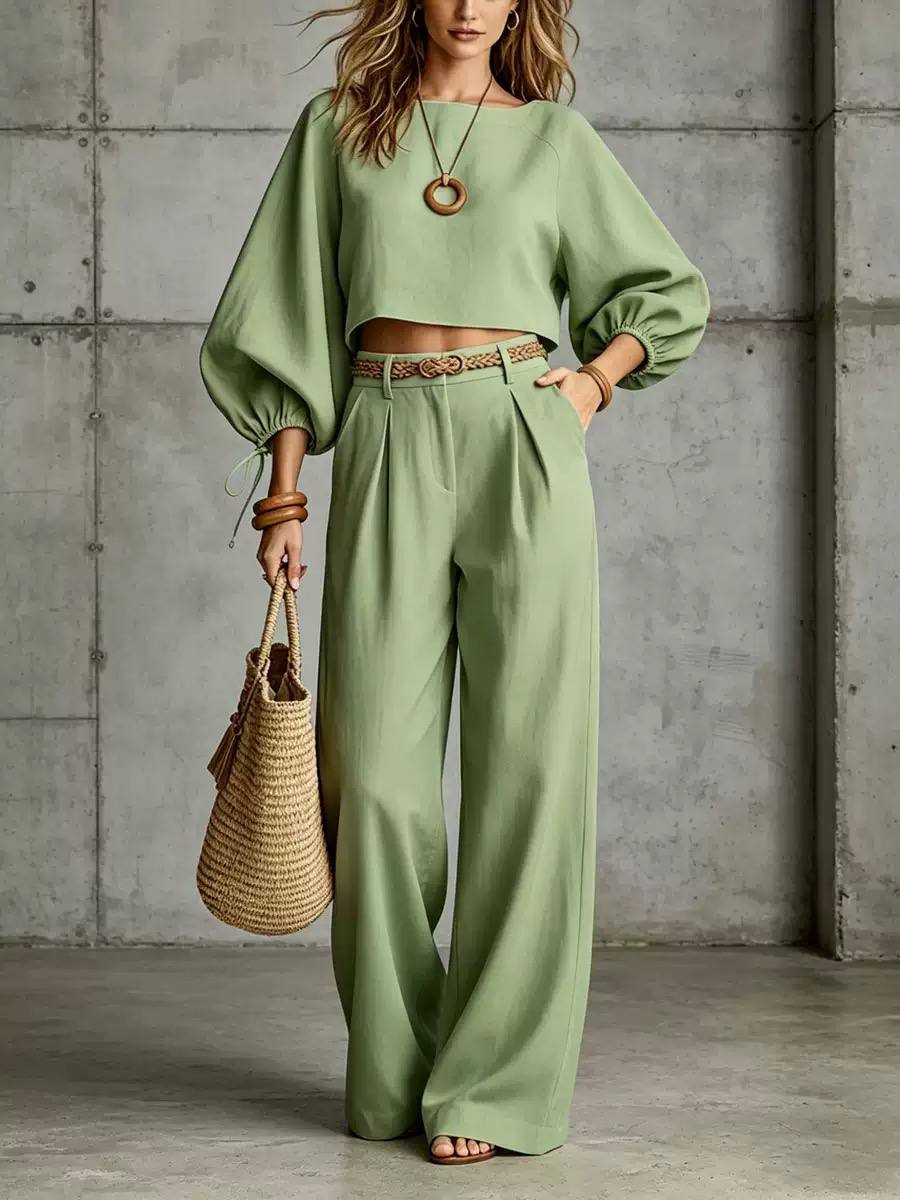 Women's Batwing Sleeve Crop Top & Wide Leg Trouser Set