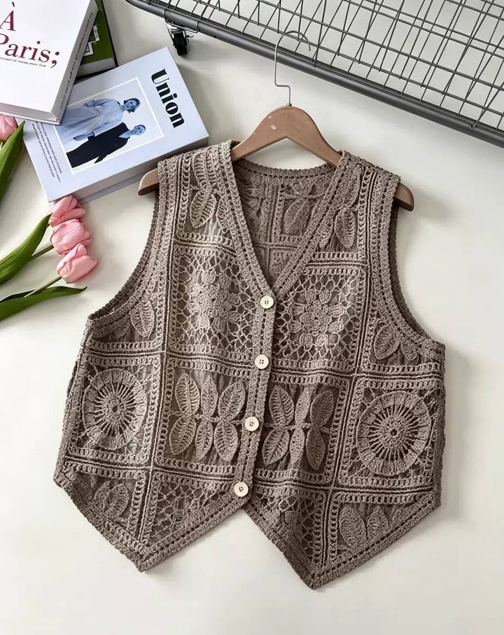Women's Floral Crochet Button Vest
