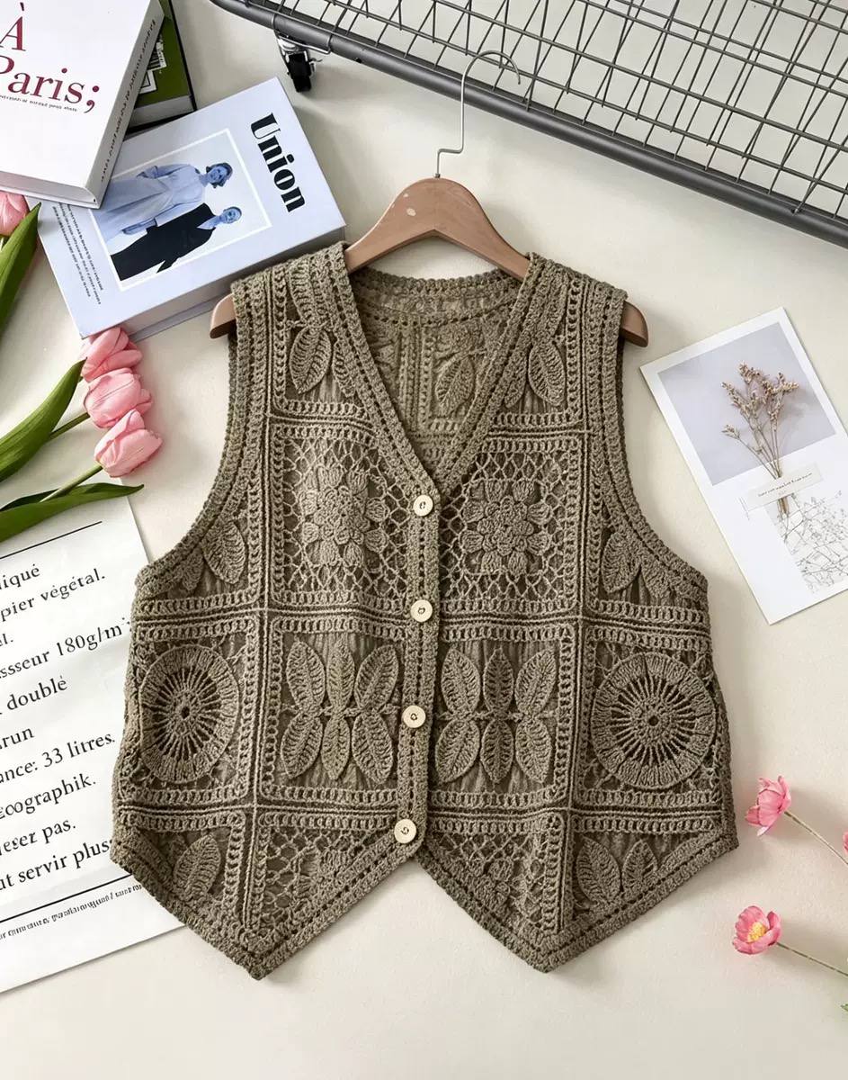 Women's Floral Crochet Button Vest