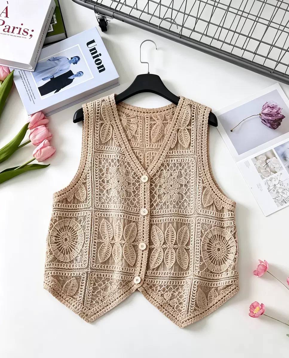 Women's Floral Crochet Button Vest