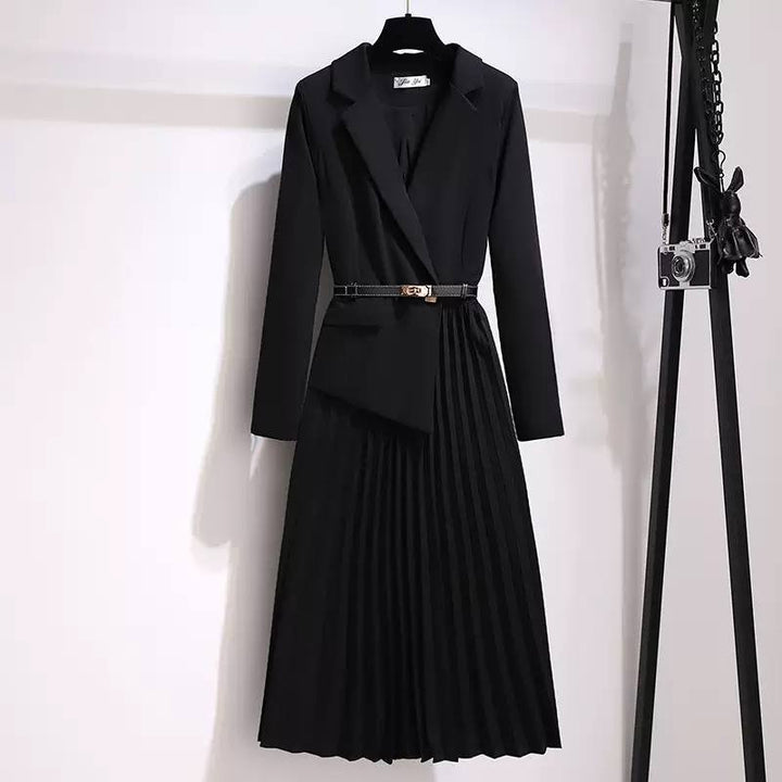 Women's Belted Pleated Blazer Skirt Set