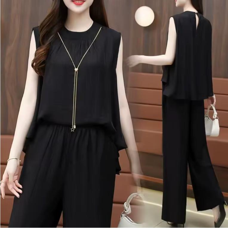 Sleeveless Wide Leg Set – Relaxed Fit High Waist Casual Set with Pockets