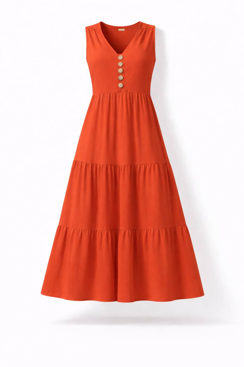 Sleeveless Tiered Maxi Dress – Button Front V-Neck