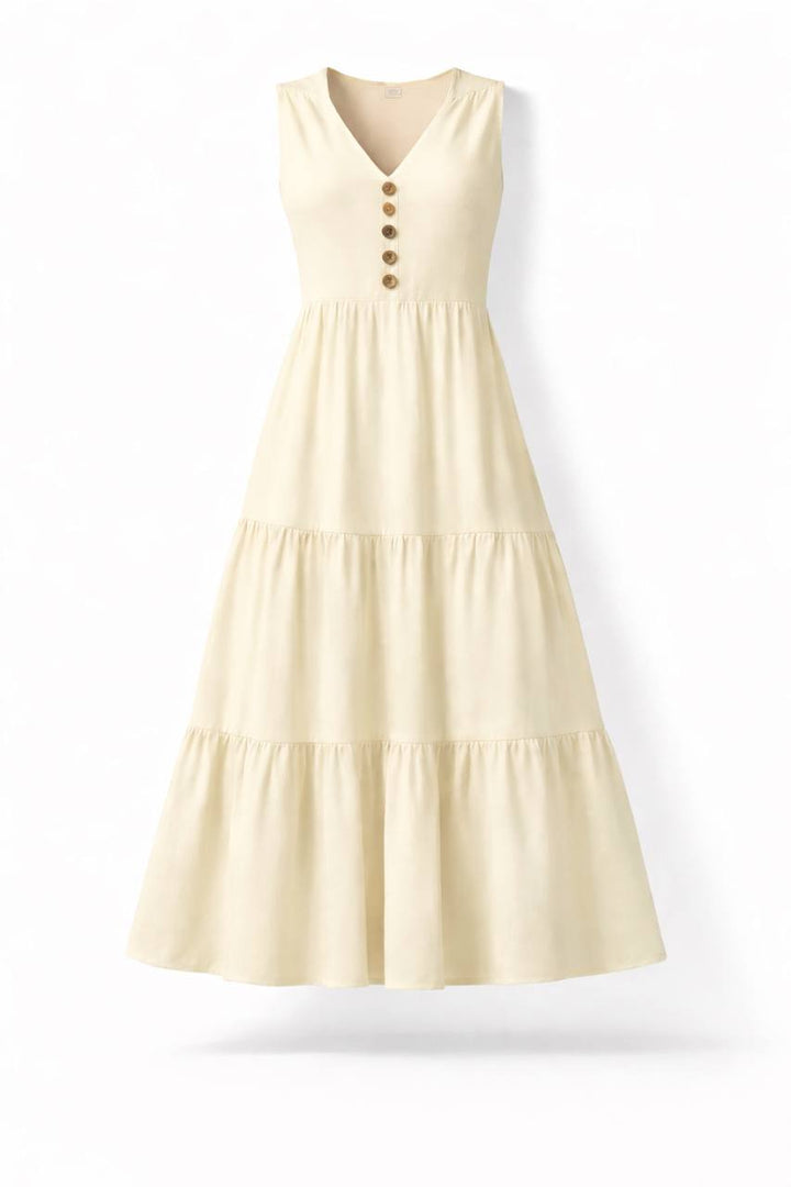 Sleeveless Tiered Maxi Dress – Button Front V-Neck