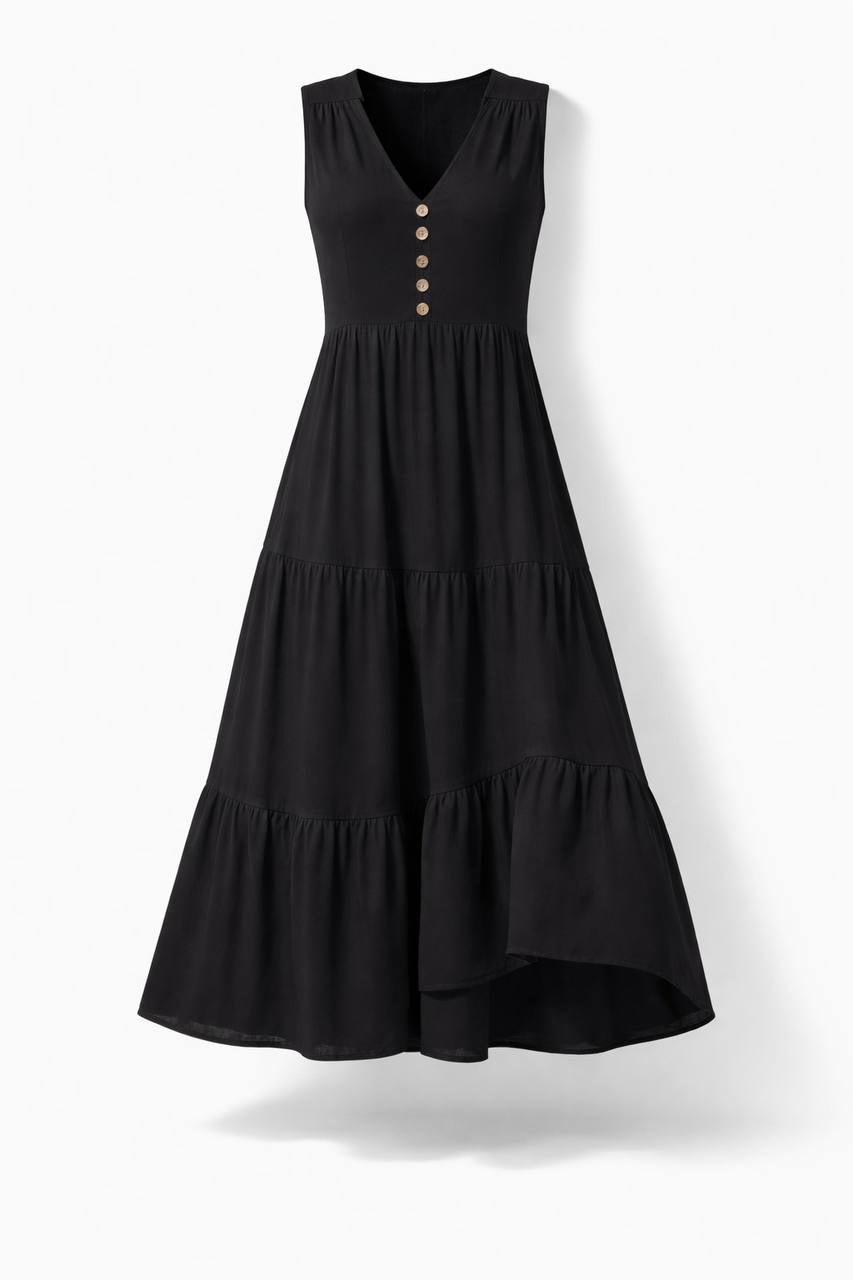 Sleeveless Tiered Maxi Dress – Button Front V-Neck
