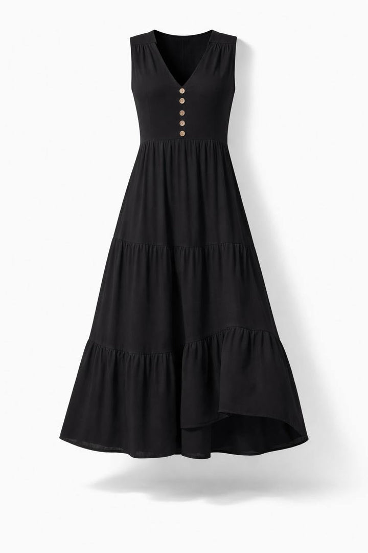 Sleeveless Tiered Maxi Dress – Button Front V-Neck