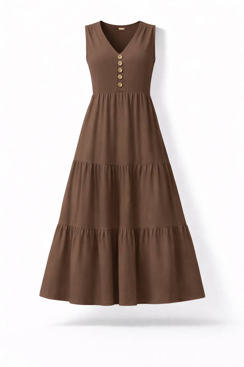 Sleeveless Tiered Maxi Dress – Button Front V-Neck