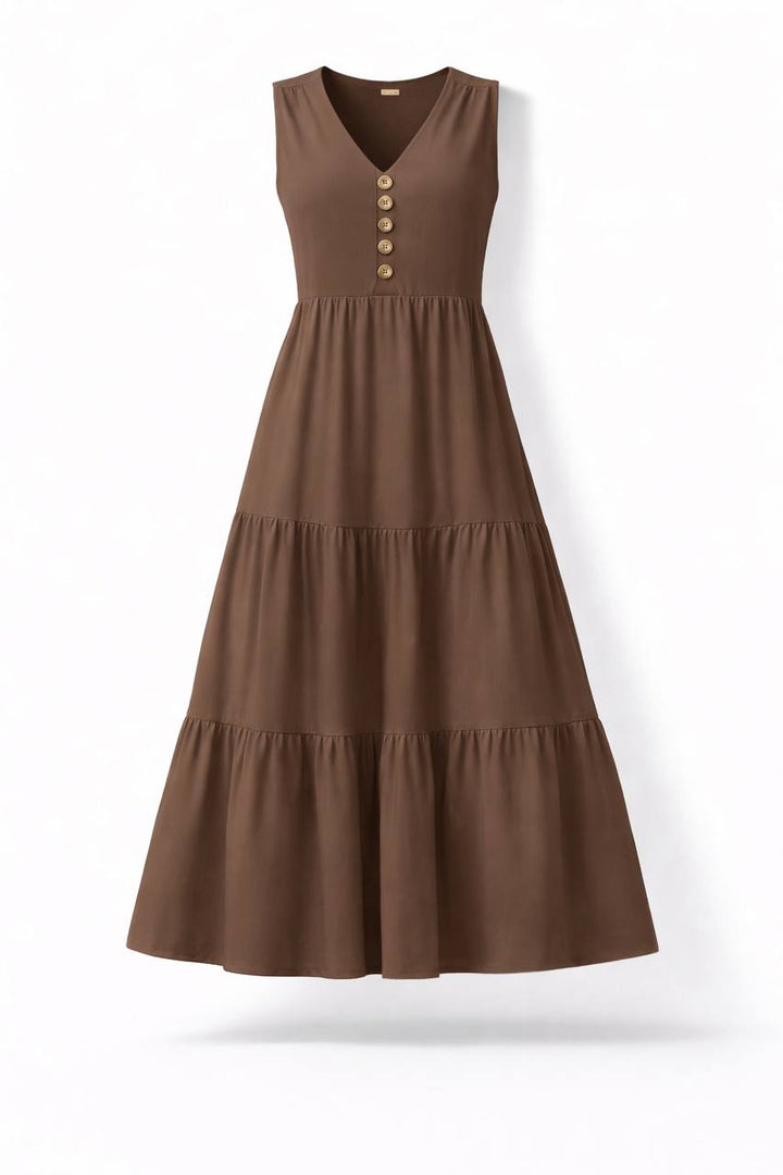 Sleeveless Tiered Maxi Dress – Button Front V-Neck