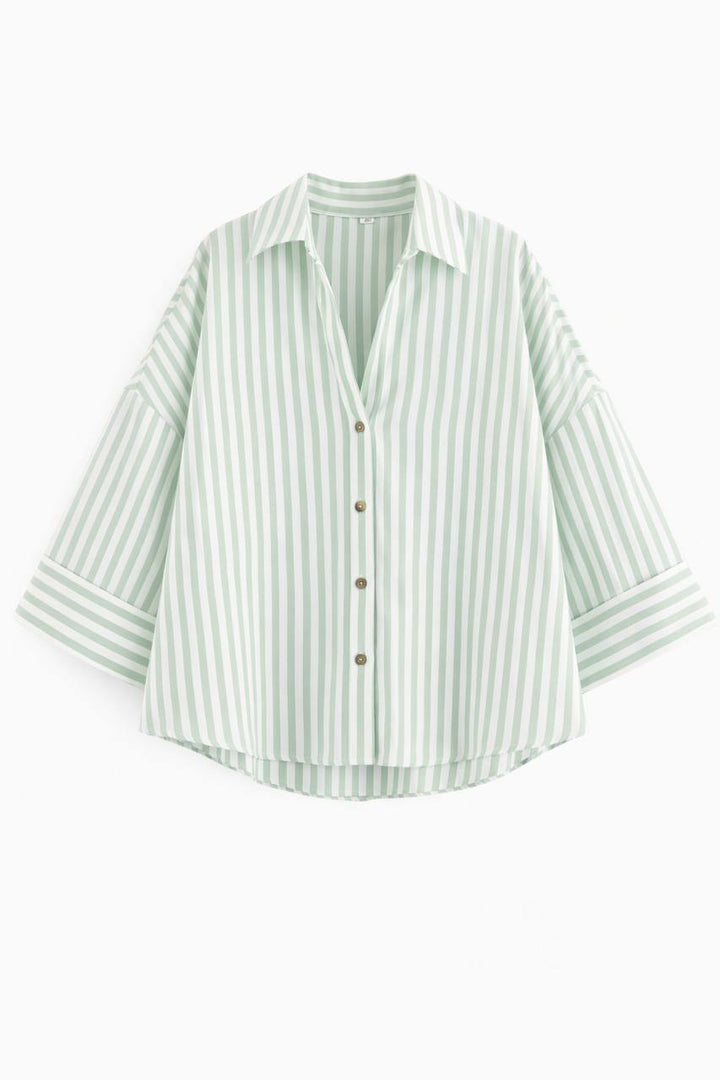 Oversized  Striped Button Down Shirt – 3/4 Sleeve Relaxed Fit
