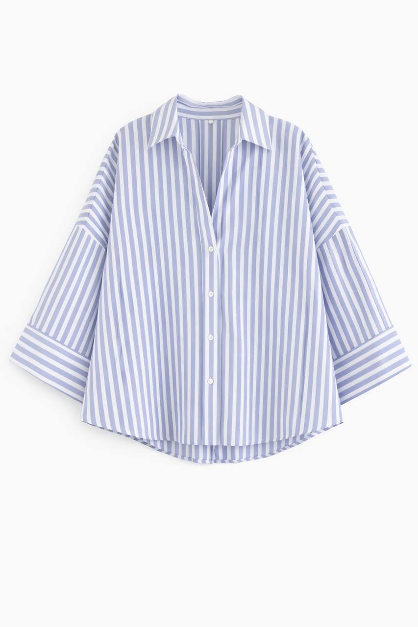 Oversized  Striped Button Down Shirt – 3/4 Sleeve Relaxed Fit