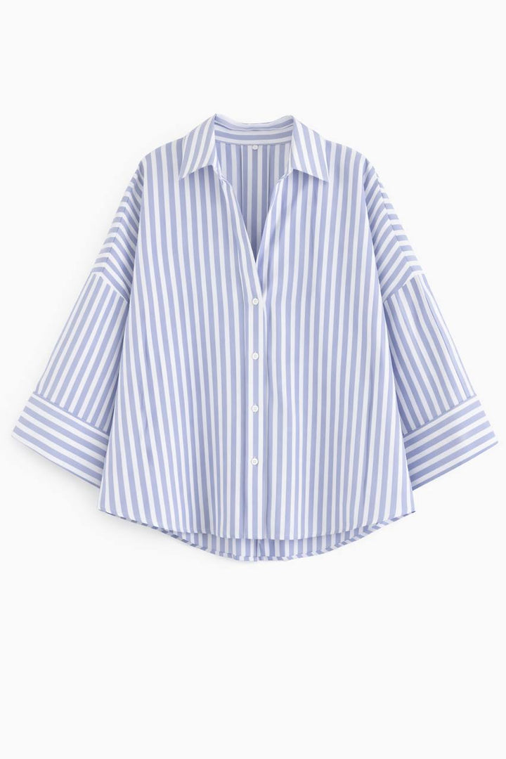 Oversized  Striped Button Down Shirt – 3/4 Sleeve Relaxed Fit