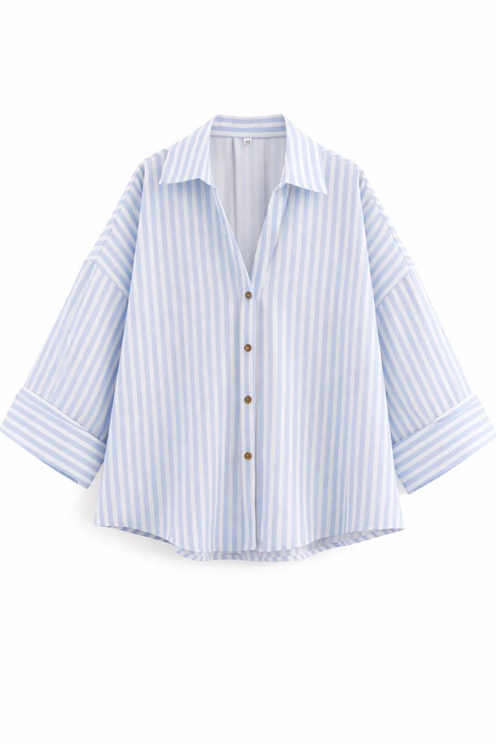Oversized  Striped Button Down Shirt – 3/4 Sleeve Relaxed Fit