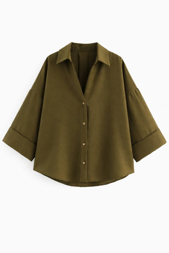 Oversized Button Down Shirt – 3/4 Sleeve Relaxed Fit