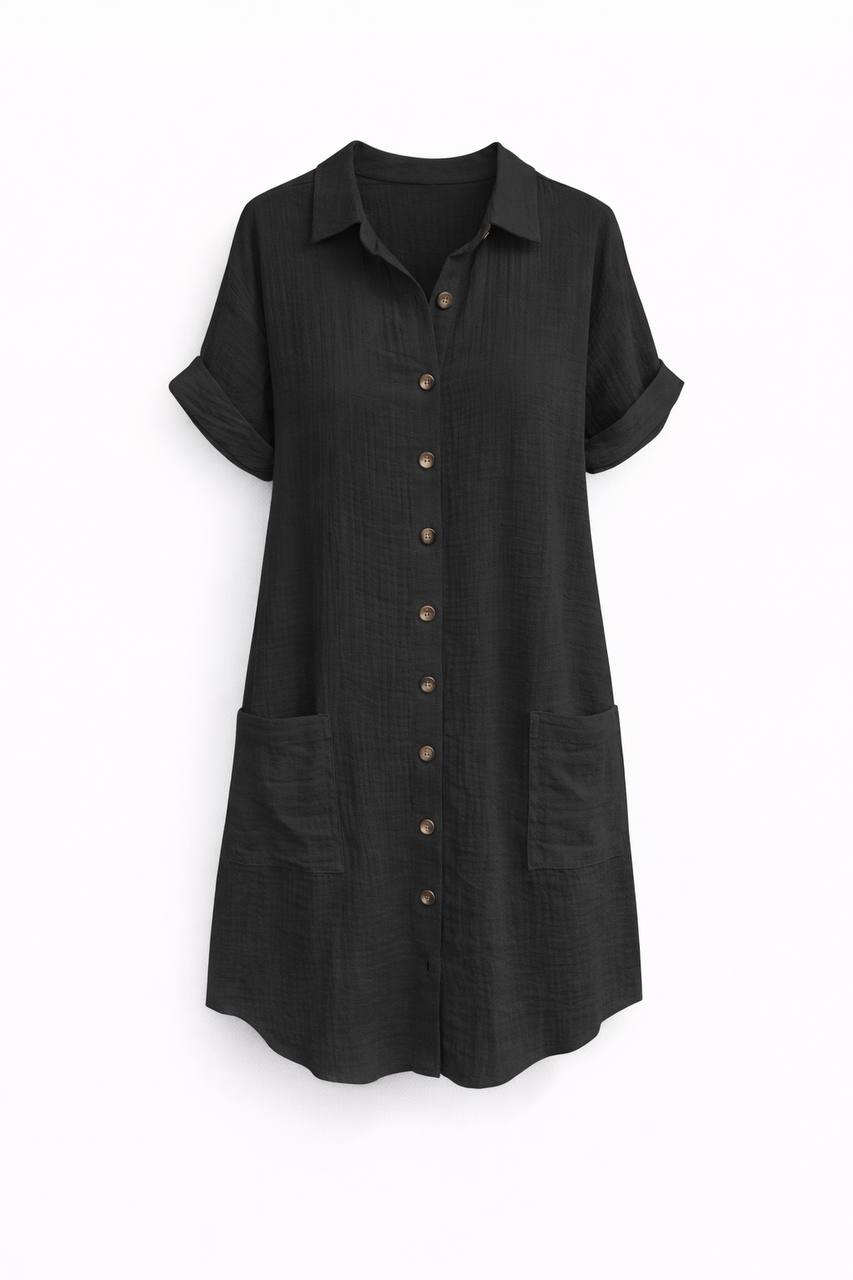 Button Front Shirt Dress – Short Sleeve Relaxed Fit With Pockets