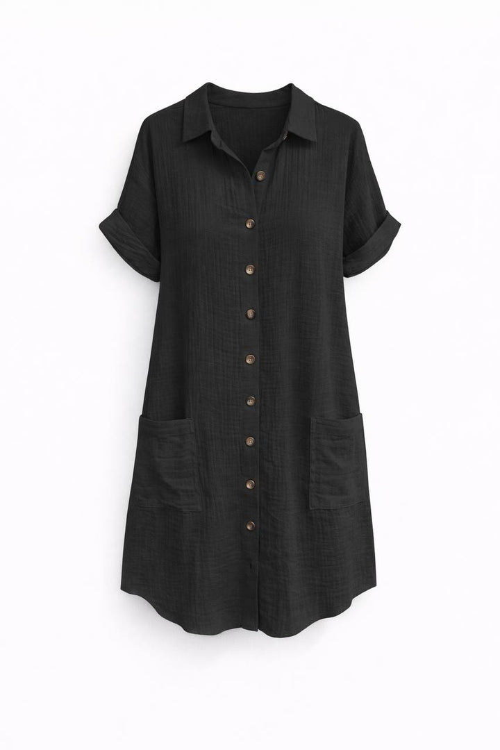 Button Front Shirt Dress – Short Sleeve Relaxed Fit With Pockets