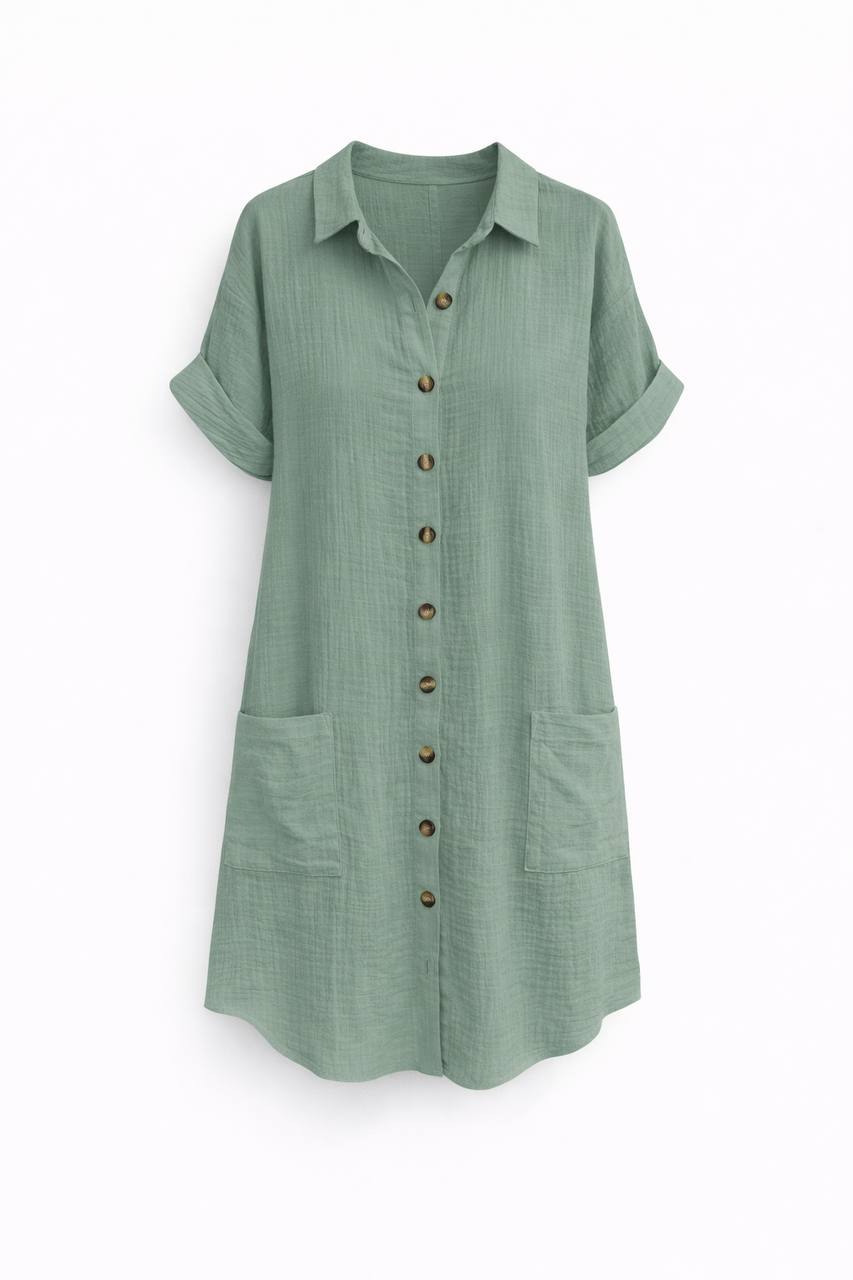 Button Front Shirt Dress – Short Sleeve Relaxed Fit With Pockets