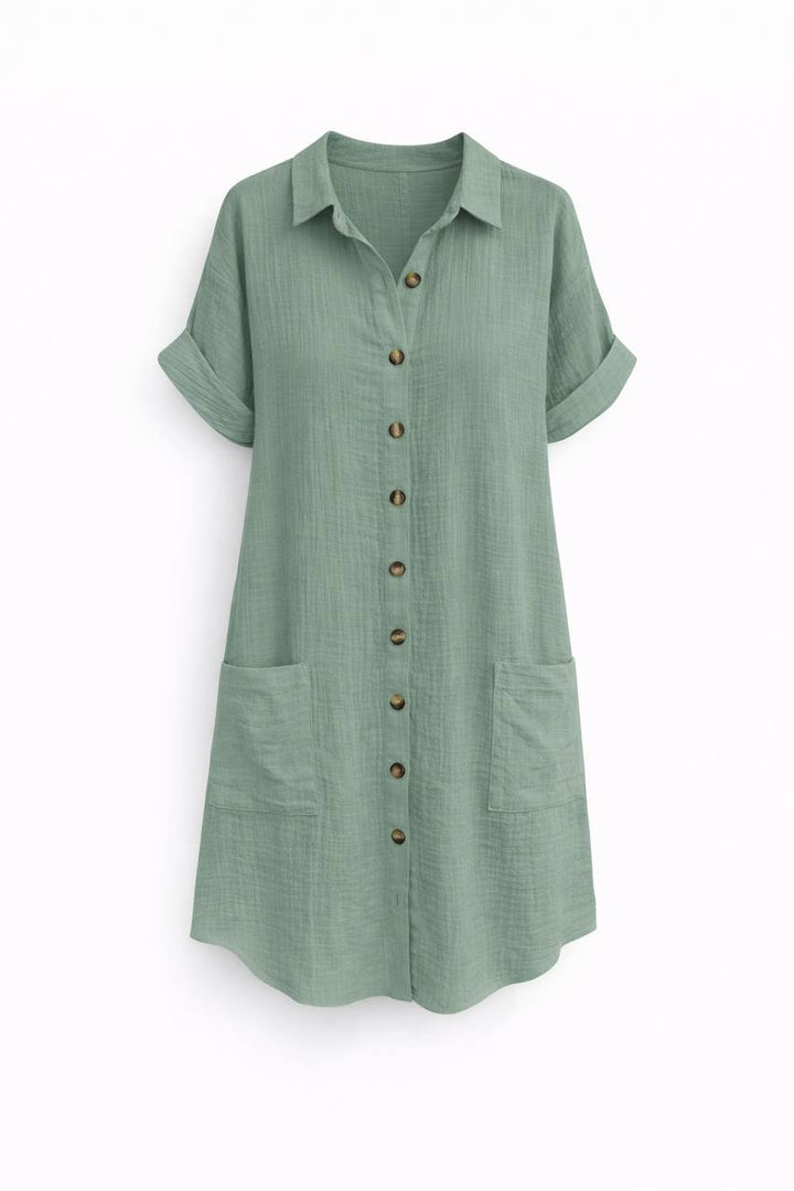 Button Front Shirt Dress – Short Sleeve Relaxed Fit With Pockets